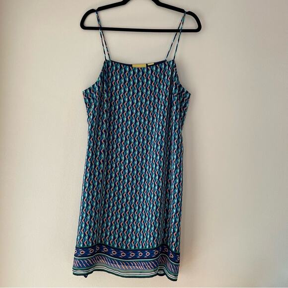 Anthropologie Maeve Sleeveless Silk Slip Mini Dress Geo Print Teal Blue Pink L - Picture 1 of 7